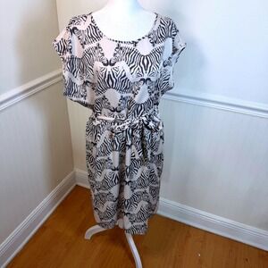 The Limited Zebra Print Belted Midi Dress Black Cream Animal Print Women Size L